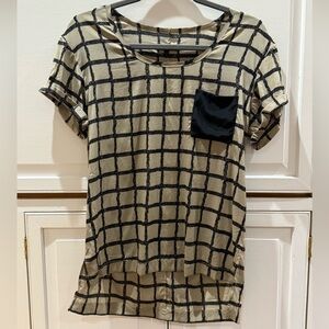 Rag & Bone Small Window Pane Silk Stretch Top Crew Neck Tan Black Top